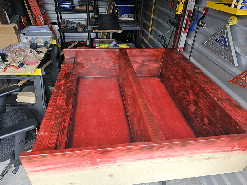 Bar shelves and frame stained red