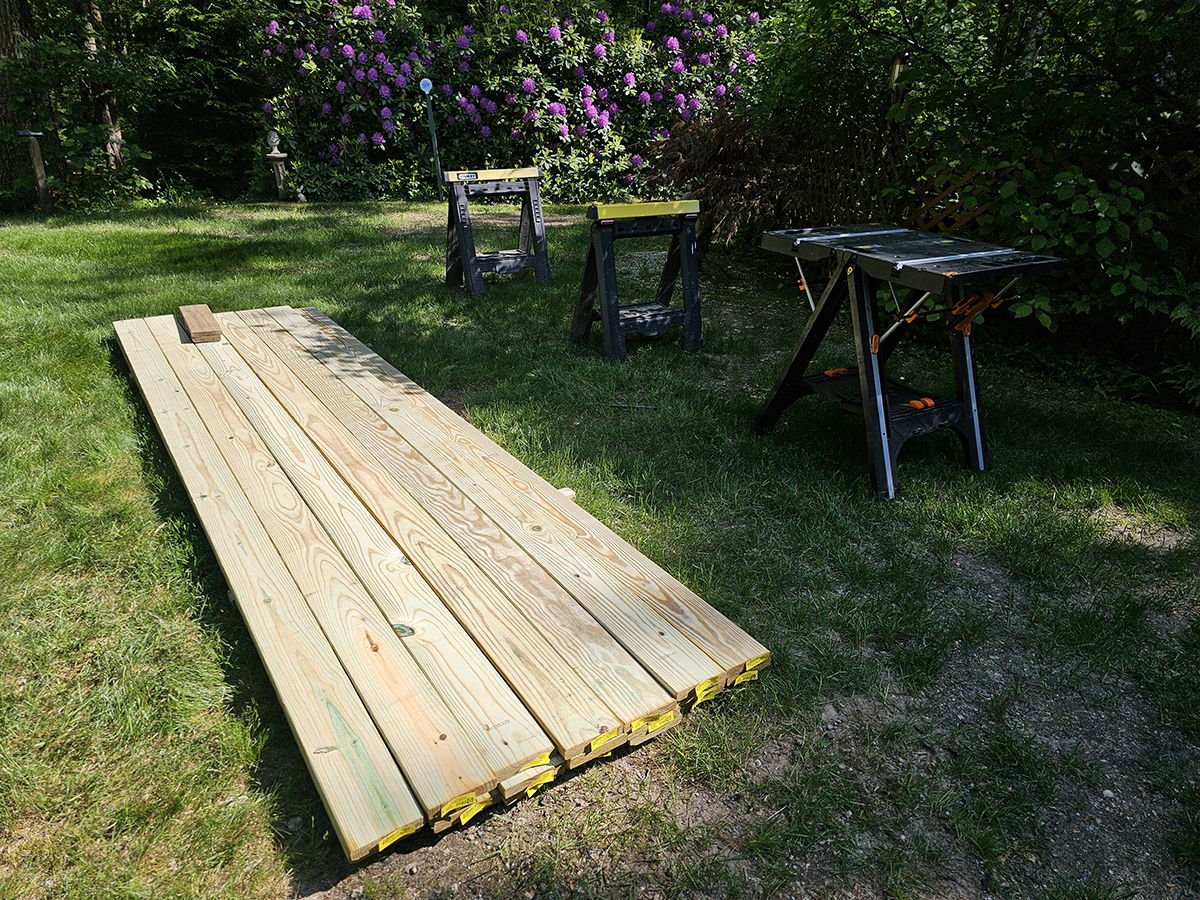 Workstation setup with stacked decking boards