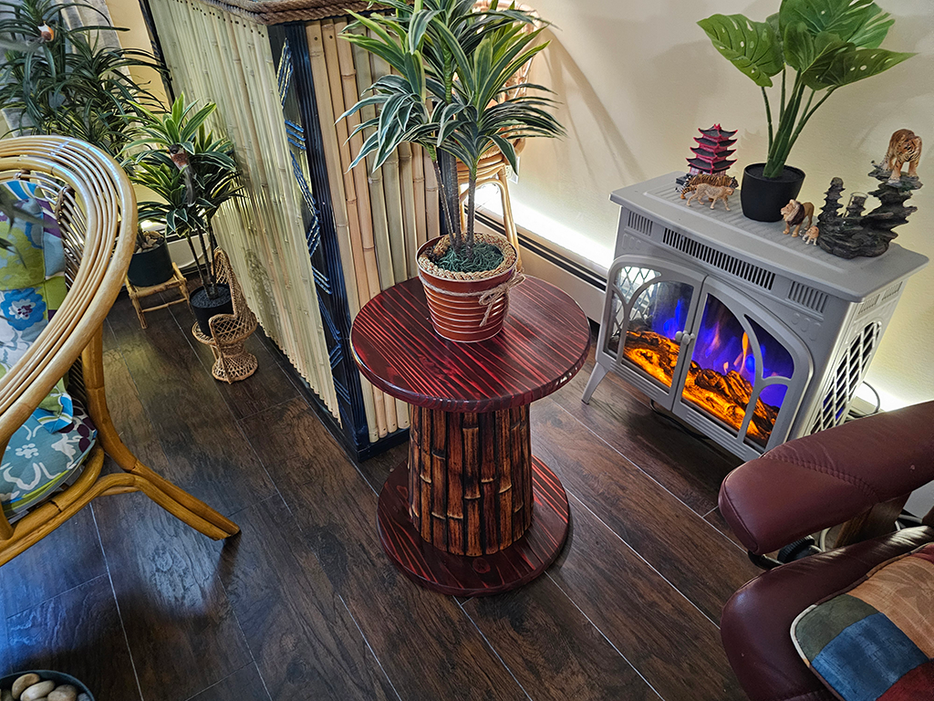 Custom Tiki Table Matching Tiki Bar Decor